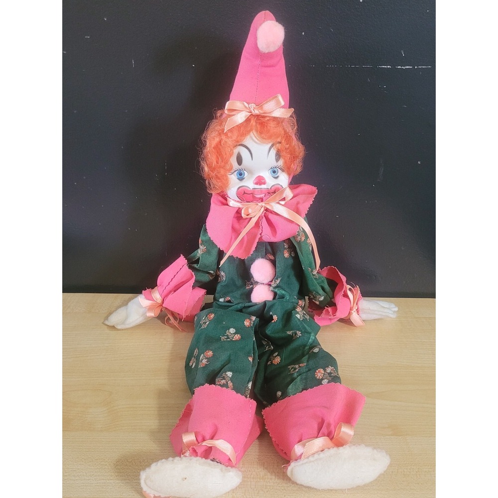Vintage Handmade Shelf Sitting Cloth & Wood Block Body Clown 26" Pink & Green